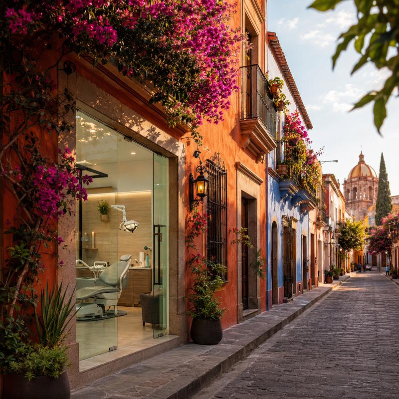 Colorful Mexican colonial street with dental clinic