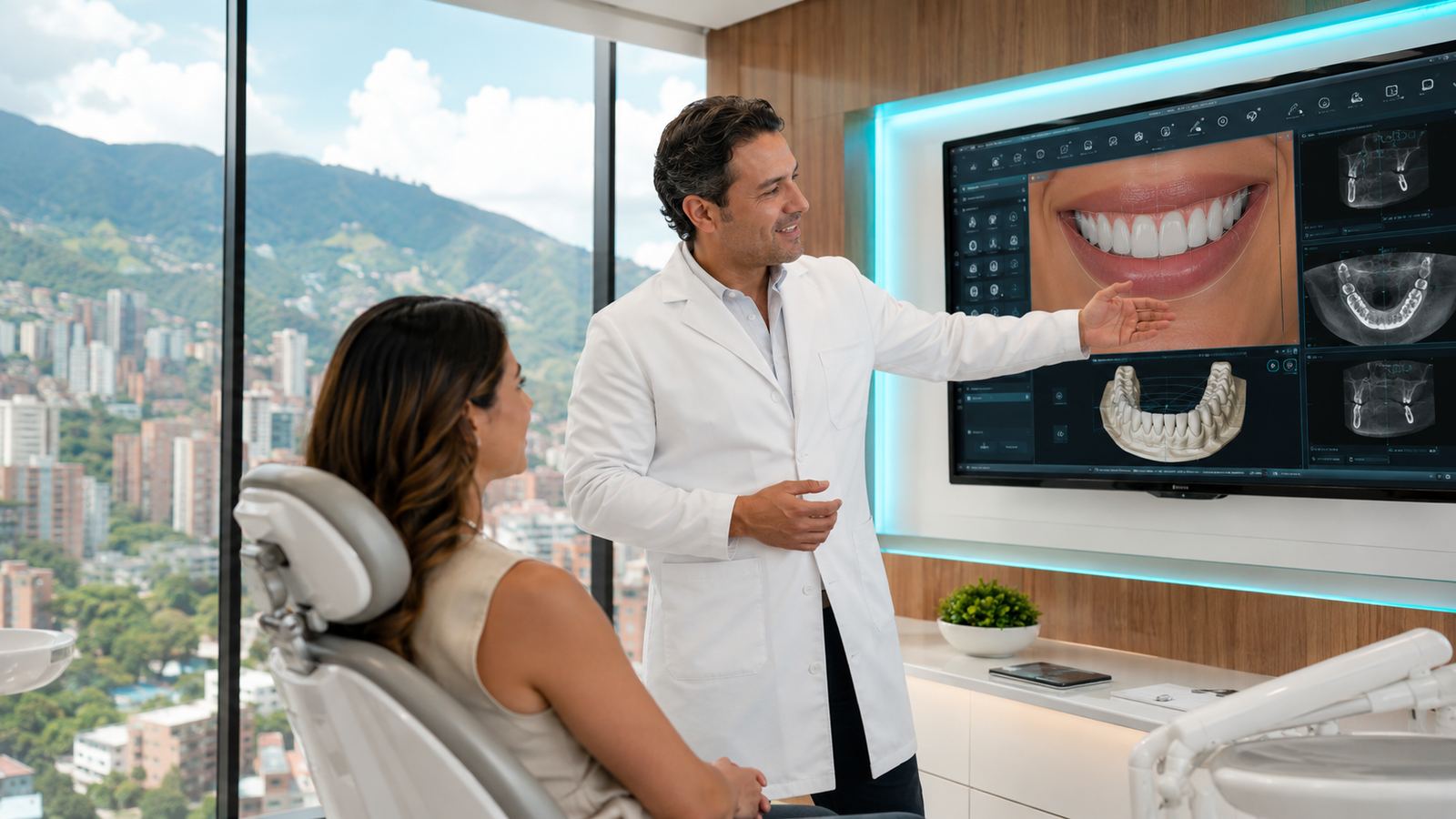 Colombian dentist showing patient a digital smile design in a Medellín clinic